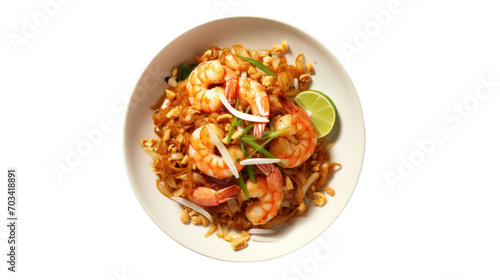 Top-down view of Pad Thai isolated on a white background.