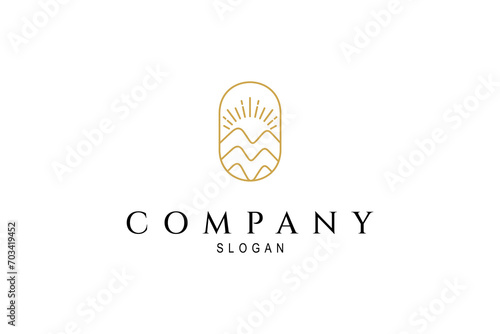 mountain nature logo with sun rays in elegant outline linear design style
