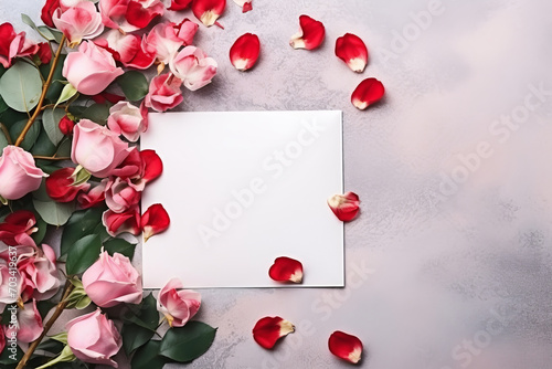 Pink card with flowers on the side with copy space for your text. Concept of celebrating wedding anniversary or valentine's day