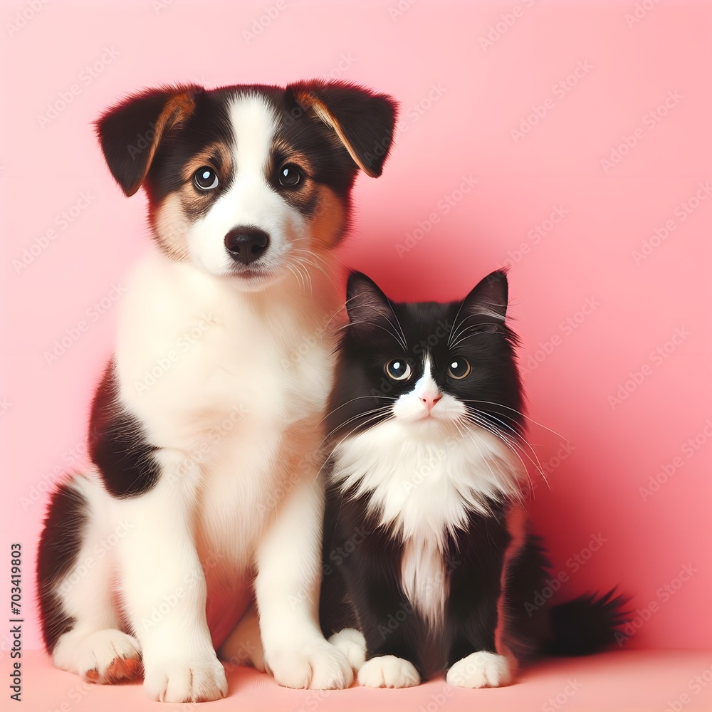 Cat and dog peacefully seated on a pink backdrop. Banner featuring adorable pets.