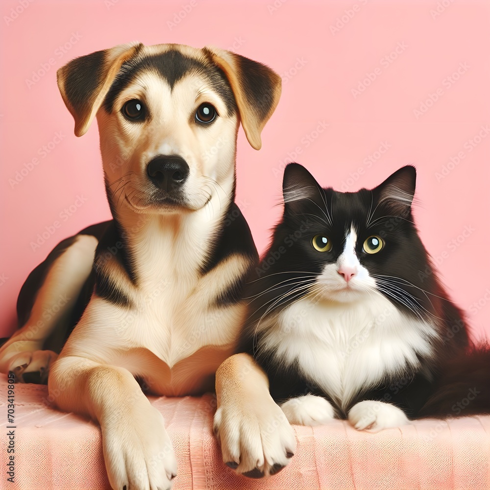 Cat and dog peacefully seated on a pink backdrop. Banner featuring adorable pets.