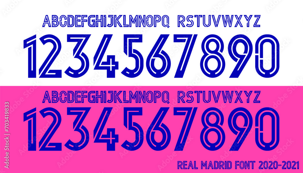 font vector team 2020 - 2021 kit sport style font. real madrid font. football style font with lines inside. sports style letters and numbers for soccer team