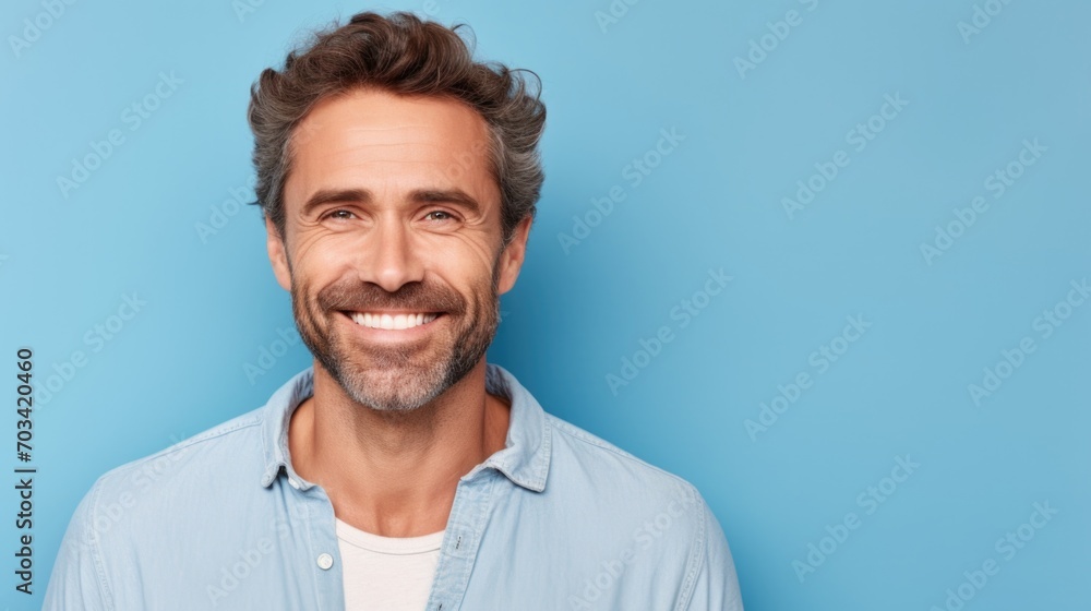 Happy Mature Man with Casual Outfit Smiling Brightly, Blue Background