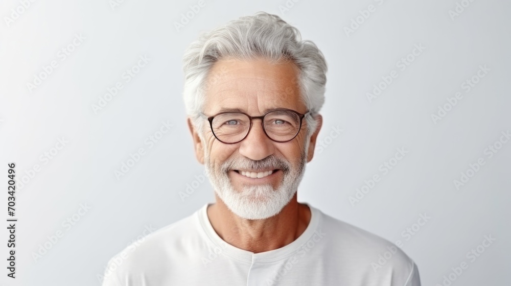 Senior Man with Silver Hair Smiling, Glasses, Casual Style, White Studio Background Senior Man with Silver Hair Smiling, Glasses, Casual Style, White Studio Background