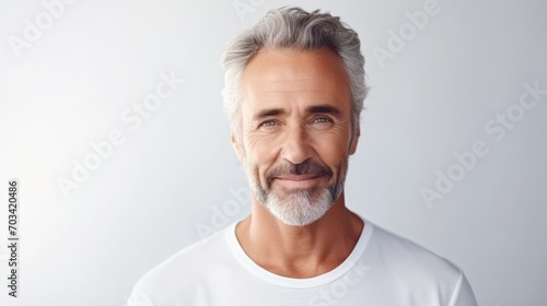 Close-Up of Smiling Senior Man with White Hair, Casual White T-Shirt, Studio Portrait
