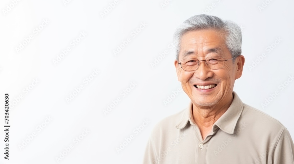 Warm Senior Asian Man Smiling in Tan Polo Shirt, Vibrant Yellow Background Warm Senior Asian Man Smiling in Tan Polo Shirt, Vibrant Yellow Background