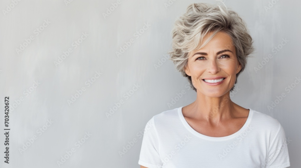 Confident Mature Caucasian Woman with Short Gray Hair Smiling, White T-shirt, Copy Space