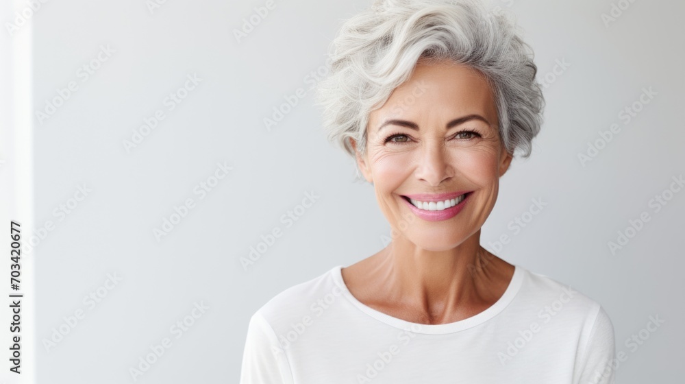 Smiling Elderly Caucasian Woman in White, Elegance and Positivity, Light Background