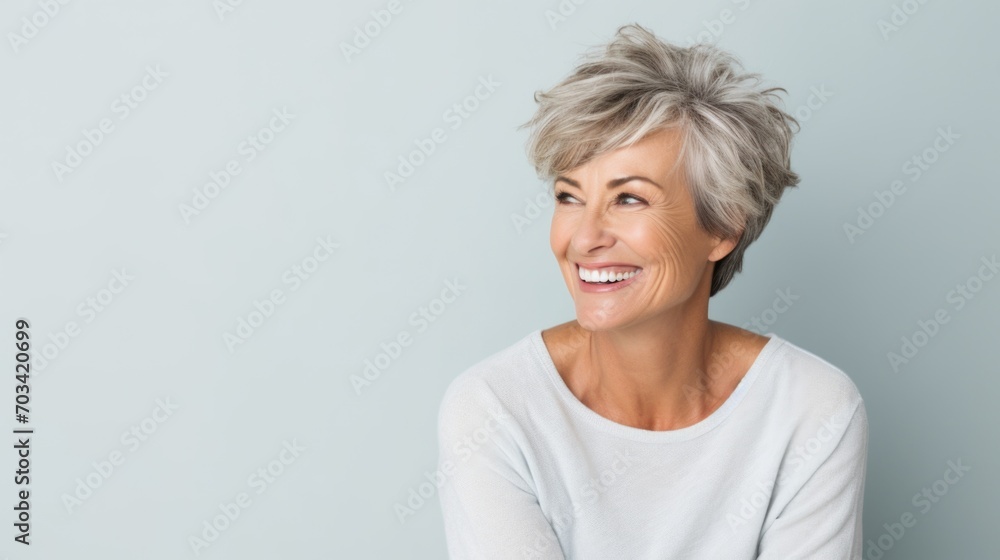 Radiant Joy: Portrait of a Cheerful Caucasian Senior Woman with Stylish Short Gray Hair and a Warm Smile Radiant Joy: Portrait of a Cheerful Caucasian Senior Woman with Stylish Short Gray Hair and a Warm Smile
