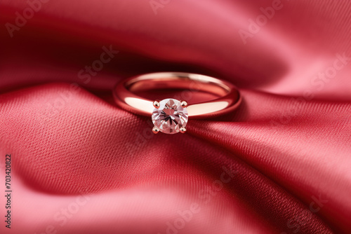 An engagement or wedding ring with a large diamond lying in the folds of the fabric. Rich pink background, texture. Advertisement, banner for jewelry store. 