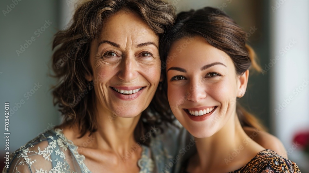 Close-Up of Radiant Mother and Daughter Sharing a Joyful Moment, Elegance and Happiness Combined Close-Up of Radiant Mother and Daughter Sharing a Joyful Moment, Elegance and Happiness Combined