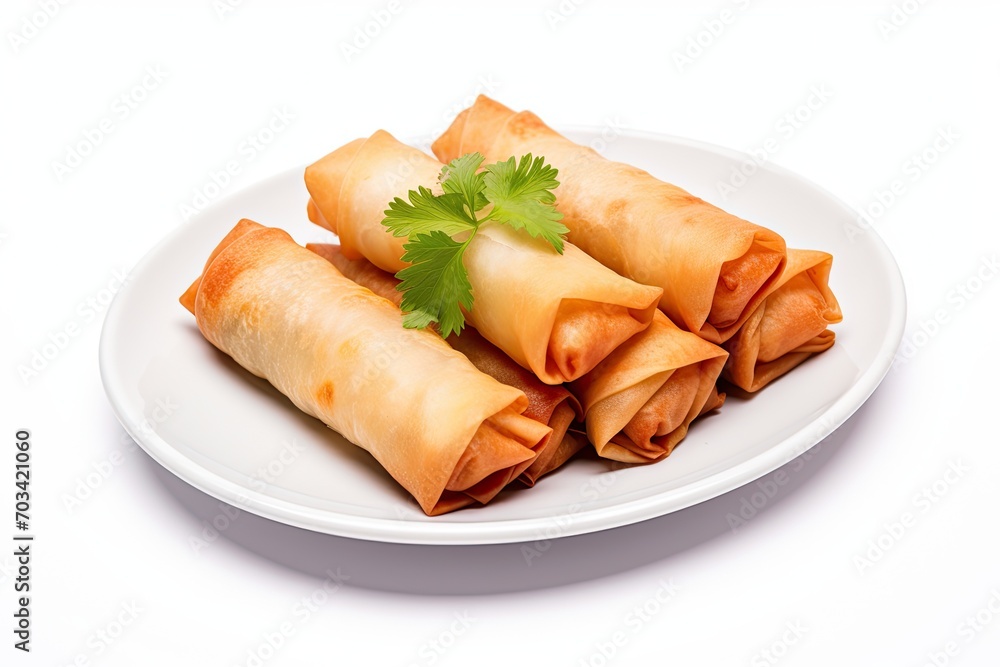 Fried spring rolls on a plate isolated on white background Fried spring rolls on a plate isolated on white background