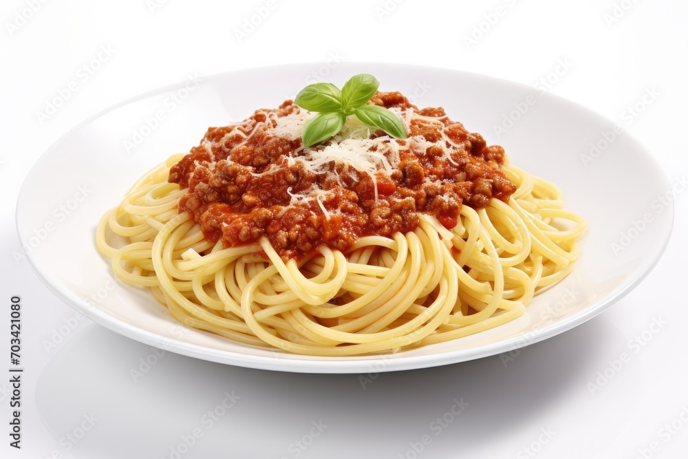 Spaghetti Bolognese with parmesan cheese on white plate isolated