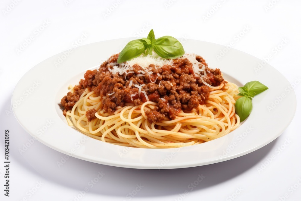 Spaghetti Bolognese with parmesan cheese on white plate isolated Spaghetti Bolognese with parmesan cheese on white plate isolated