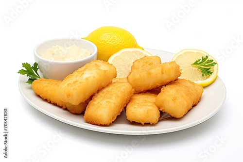 Fried fish fingers with lemon slice on plate isolated on white background