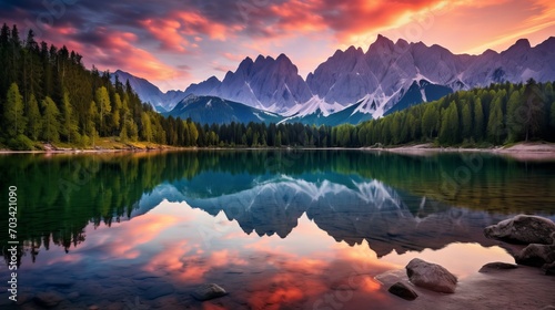 Tranquil sunrise over fusine lake: scenic morning view in julian alps with majestic mangart peak, udine, italy - nature's beauty in colorful summer splendor