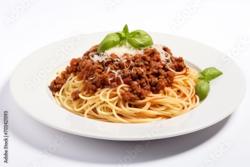 Spaghetti Bolognese with parmesan cheese on white plate isolated