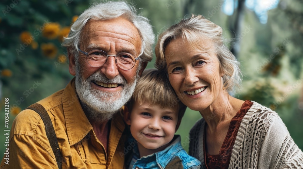 Fototapeta premium Grandparents with Grandson Enjoying a Day Out in Nature