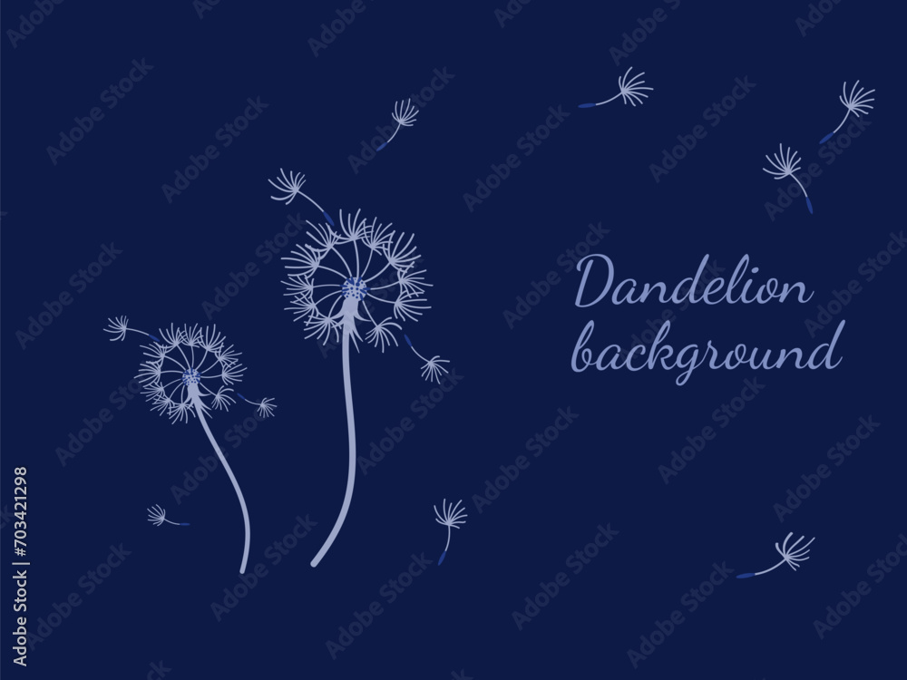 Obraz premium Abstract dandelion background for design. The wind blows dandelion seeds. Template for posters, wallpapers, posters. Vector illustration.