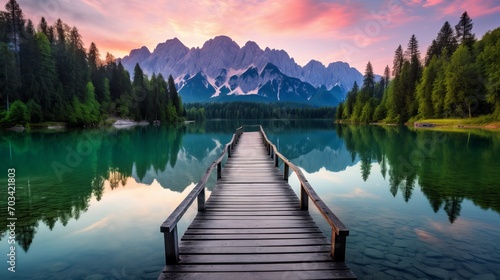 Tranquil sunrise over fusine lake: scenic morning view in julian alps with majestic mangart peak, udine, italy - nature's beauty in colorful summer splendor