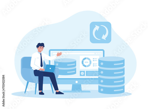 man with laptop synchronizing storage on website concept flat illustration