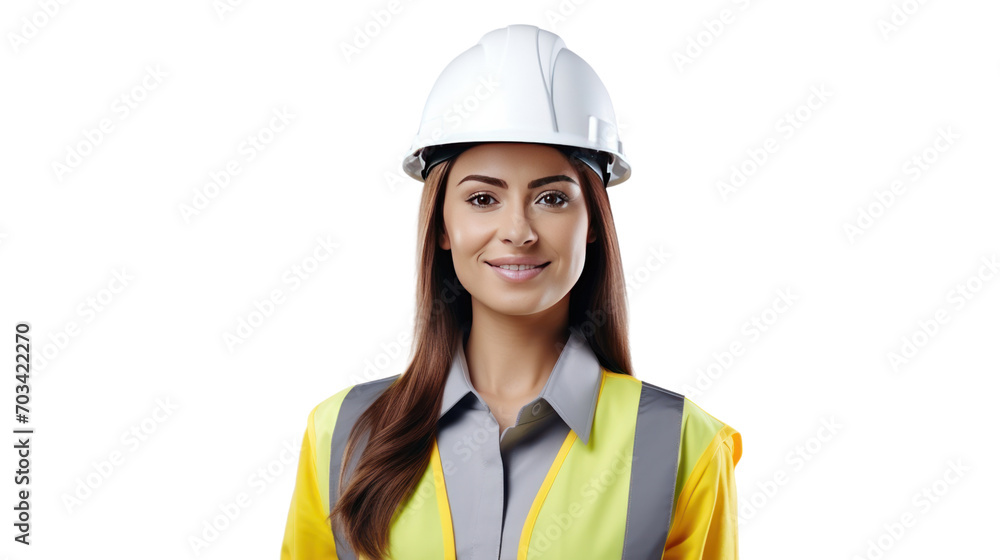 Portrait of Female engineer happy with workplace, isolated on white background Portrait of Female engineer happy with workplace, isolated on white background
