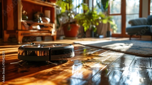 A robotic vacuum cleaner glides over polished wood floors in a sunlit room, showcasing the ease of modern home maintenance. photo