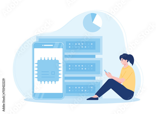 woman backing up database with cloud on mobile phone concept flat illustration