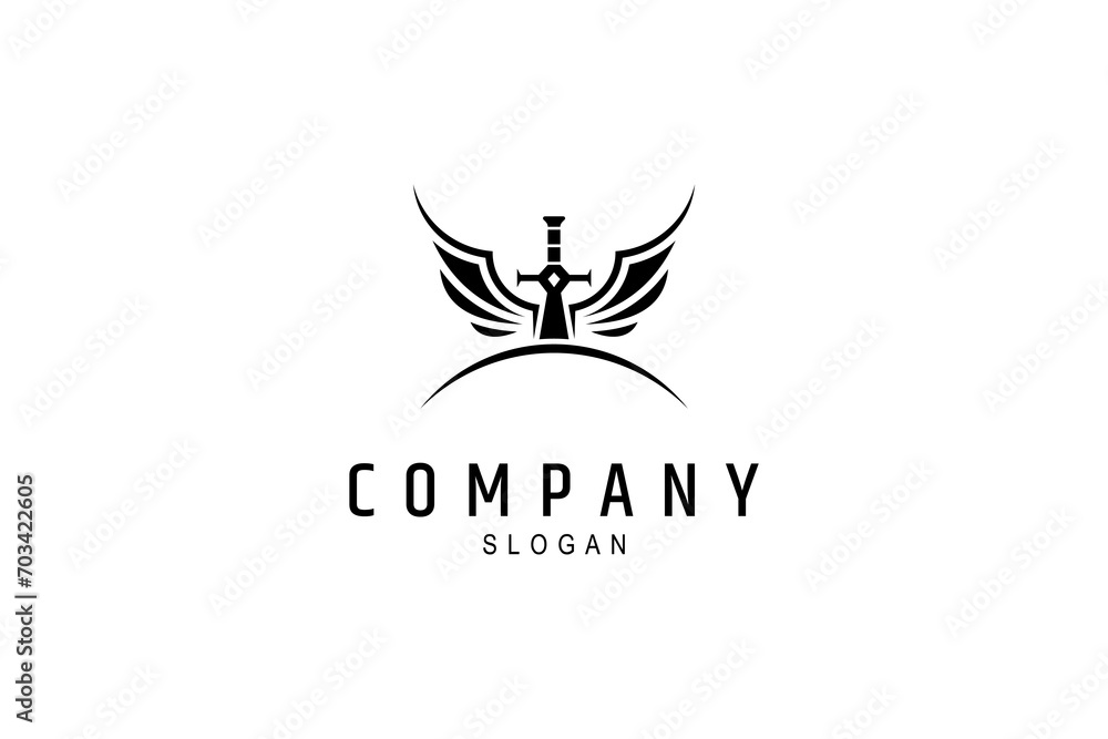 sword stuck with a combination of flying wings logo template vector illustration sword stuck with a combination of flying wings logo template vector illustration