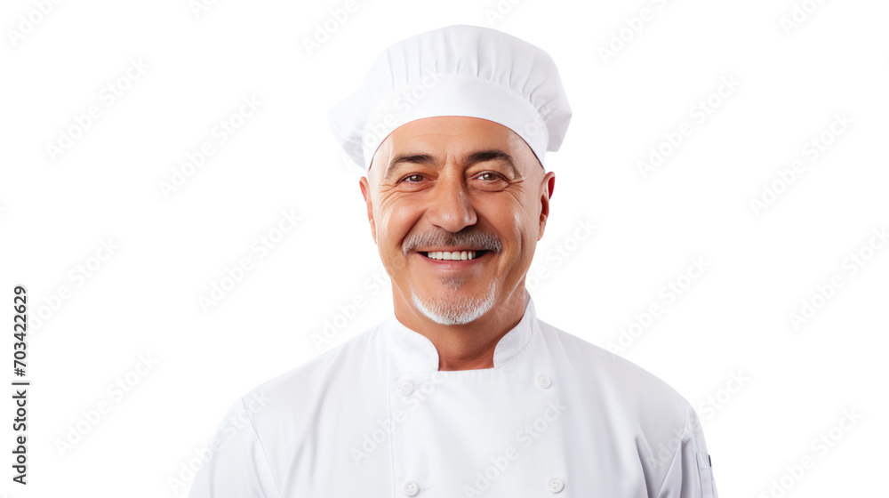 Portrait of a chef, an expert, smiling happily. looking at camera Isolated from the white background.