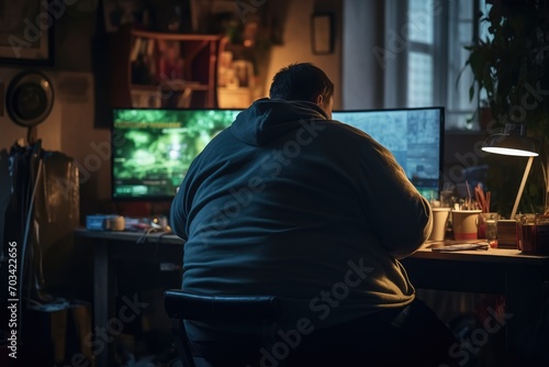 view from behind of fat man playing pc in a table with garbage © cff999