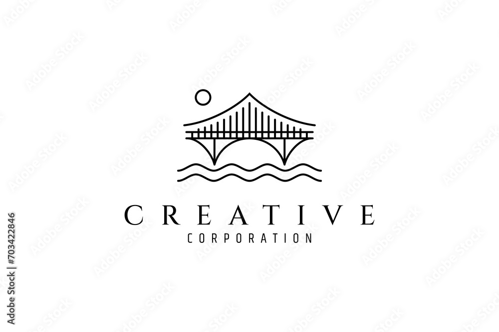 Fototapeta premium Footbridge logo with water waves in outline linear vector template design style