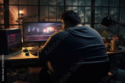 view from behind of fat man playing pc in a table with garbage