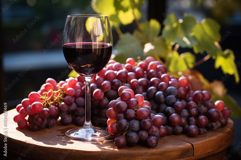 A large bunch of black grapes and a wine glass on a vineyard background.