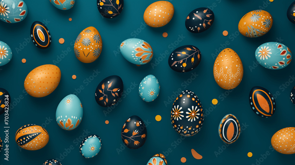 Easter eggs background, Easter pattern made with easter eggs on solid color background, chocolate easter eggs, Ai generated image