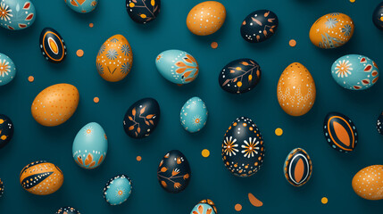 Easter eggs background, Easter pattern made with easter eggs on solid color background, chocolate easter eggs, Ai generated image