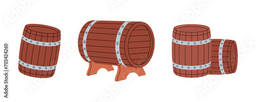 Old wooden barrels. Beer pub products. Brewing process, brewery factory production. Vector illustration.