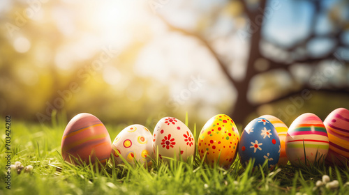Easter eggs in grass, Painted easter eggs celebrating a Happy Easter on a spring day with a green grass meadow, bright sunlight, tree leaves and a background with copy space and a wooden bench. Ai