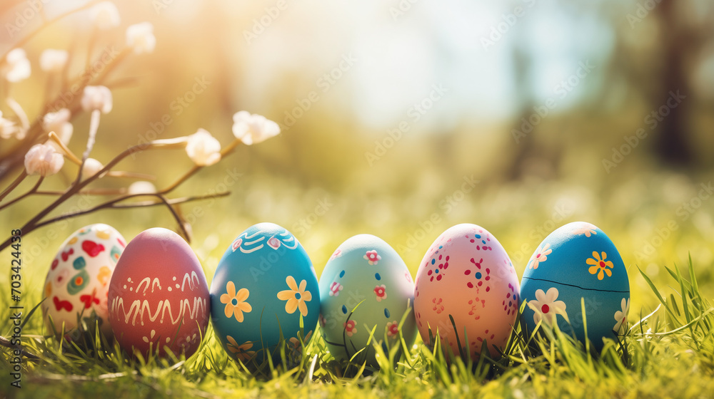 Easter eggs in grass, Painted easter eggs celebrating a Happy Easter on a spring day with a green grass meadow, bright sunlight, tree leaves and a background with copy space and a wooden bench. Ai Easter eggs in grass, Painted easter eggs celebrating a Happy Easter on a spring day with a green grass meadow, bright sunlight, tree leaves and a background with copy space and a wooden bench. Ai