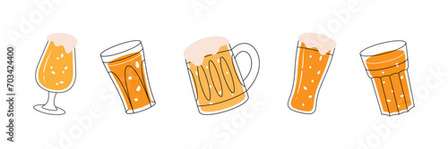 Beer pub elements. Beer bottles, can, glass, mug. Brewing process, brewery factory production. Vector illustration