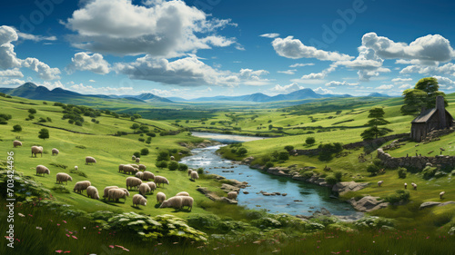 Serene Irish Countryside on St. Patrick's Day: Rolling Hills, Quaint Villages, and Sheep Farm - AI Generated