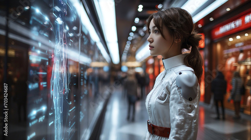 young woman in a white coat uses an interactive display at a shopping mall. She looks focused on the glowing digital information AR, AI photo