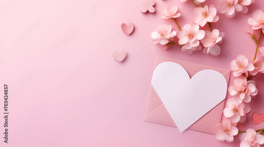 pink and white hearts, Pink flowers, envelope, hearts on pastel pink background copy space on background, Ai generated image