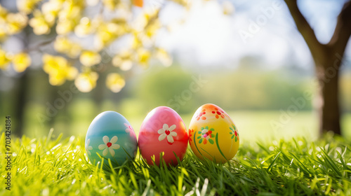 Easter eggs in grass, Three painted easter eggs celebrating a Happy Easter on a spring day with a green grass meadow, bright sunlight, tree leaves and a background with copy space, Ai image