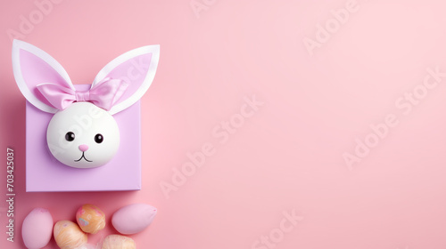 easter bunny with ribbon, Top view of easter bunny giftbox with ears paws and muzzle on isolated pastel pink background with copyspace, Ai generated image