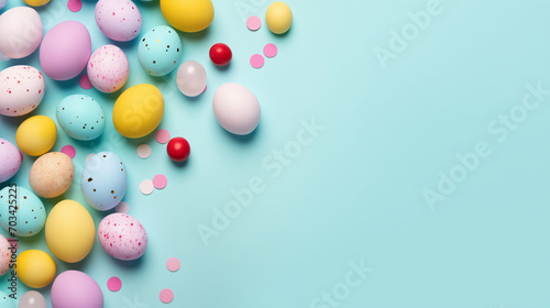 Colorful easter eggs on blue background, Top view of white circle colorful easter eggs and bunny ears on isolated pastel blue background with copyspace, Ai generated image