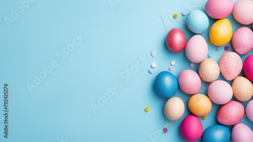 Colorful easter eggs on blue background   Top view of white circle colorful easter eggs and bunny ears on isolated pastel blue background with copyspace  Ai generated image