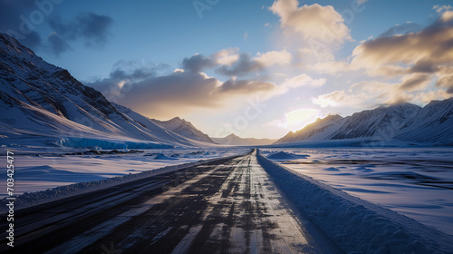 A frozen road in a polar winter landscape at the sunset. 