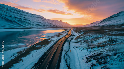 A frozen road in a polar winter landscape at the sunset.  photo