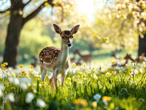A young deer stands amidst spring blossoms in a peaceful morning light.